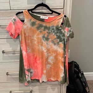 Rae Mode Tie Dye Cold Shoulder Relaxed Fit Top